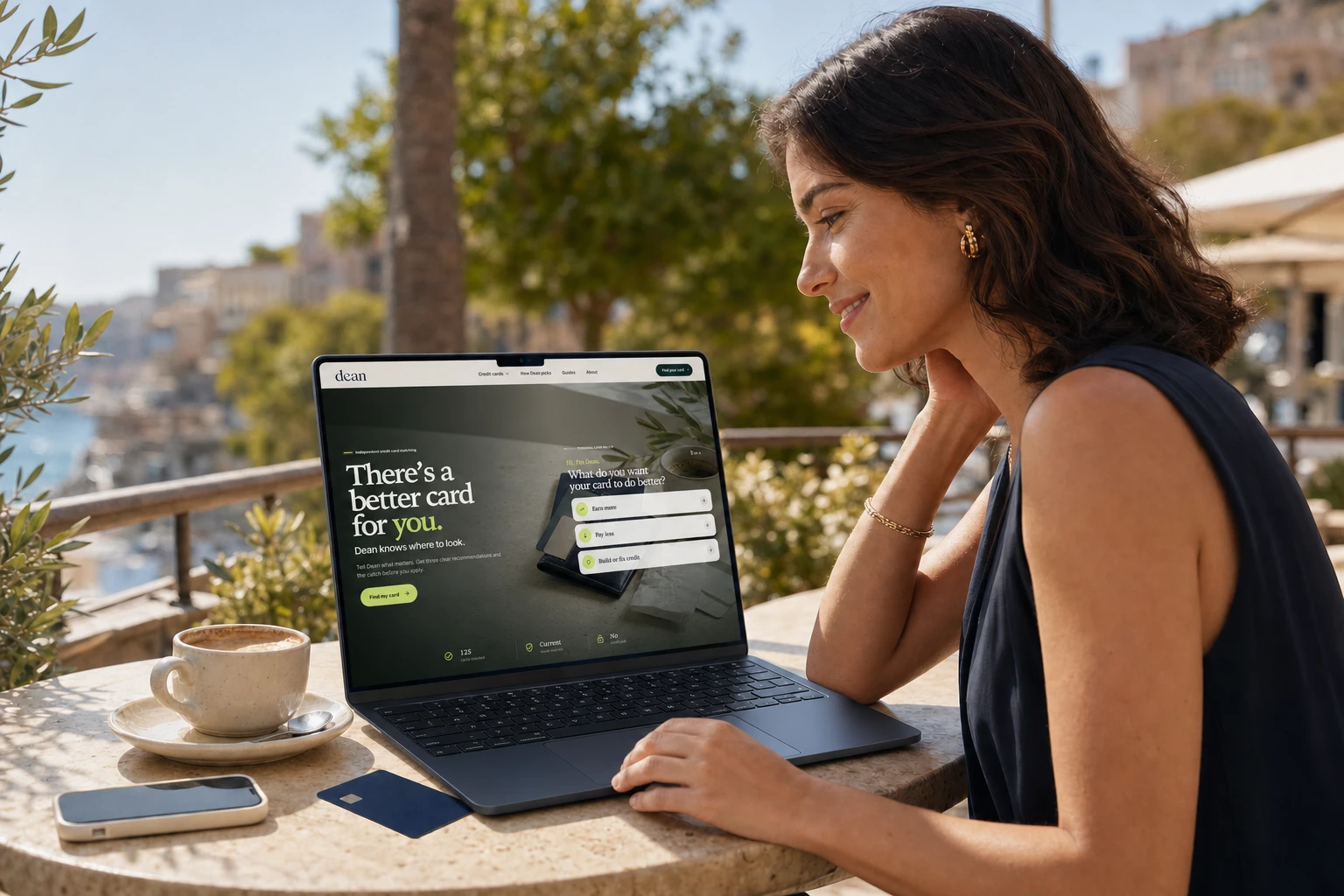 A woman using the Dean homepage on a MacBook Air at a coastal cafe
