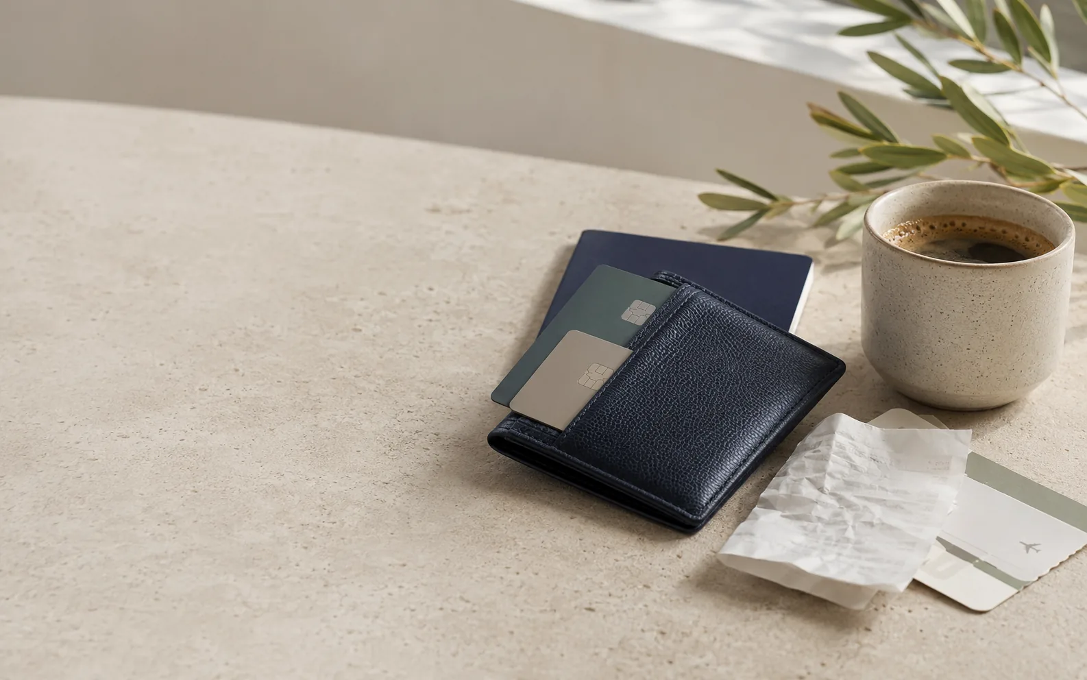 A wallet, cards, receipt, coffee, and travel items arranged on a calm stone surface