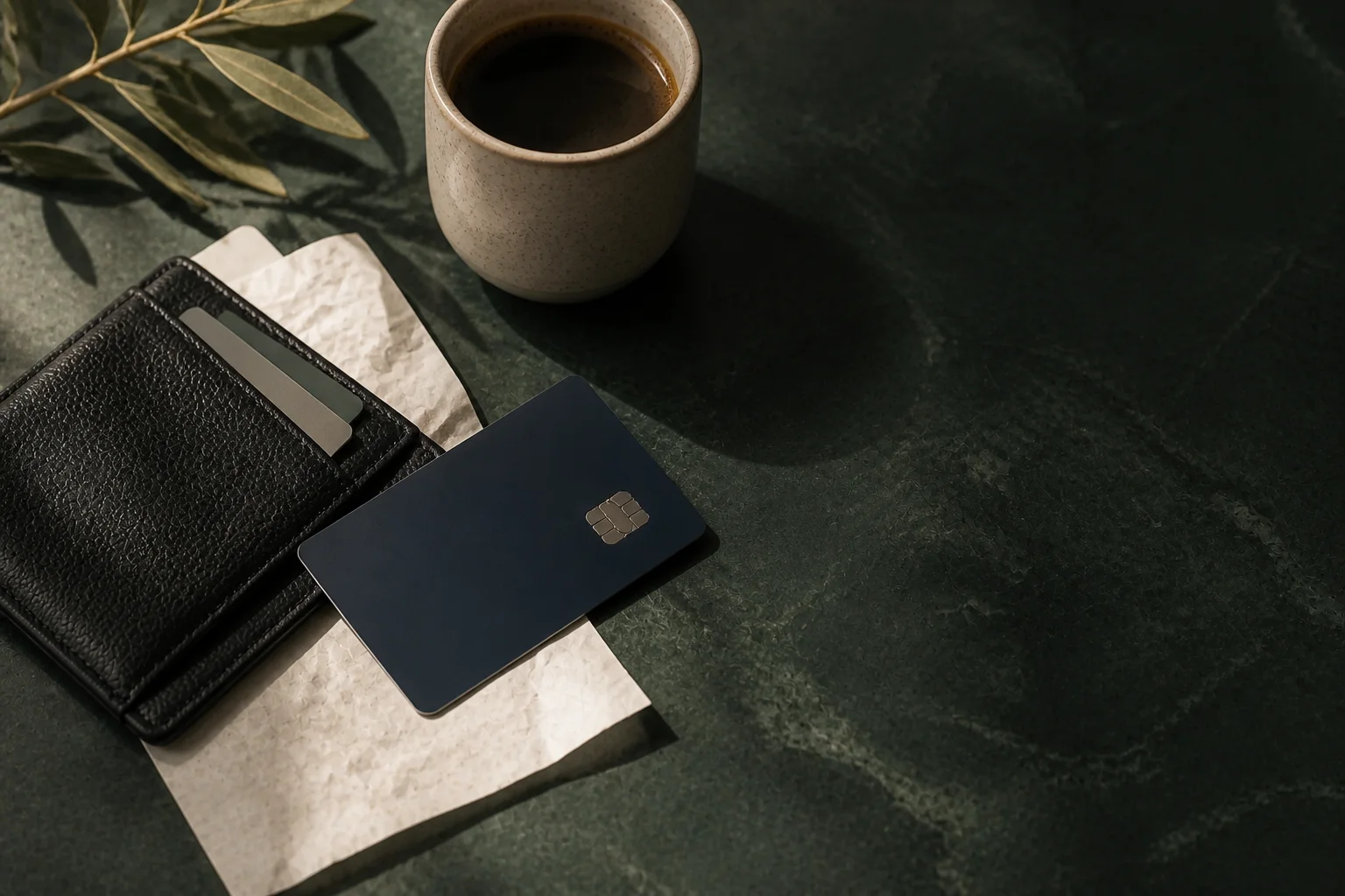 A leather wallet and a dark credit card on green stone beside a cup of coffee